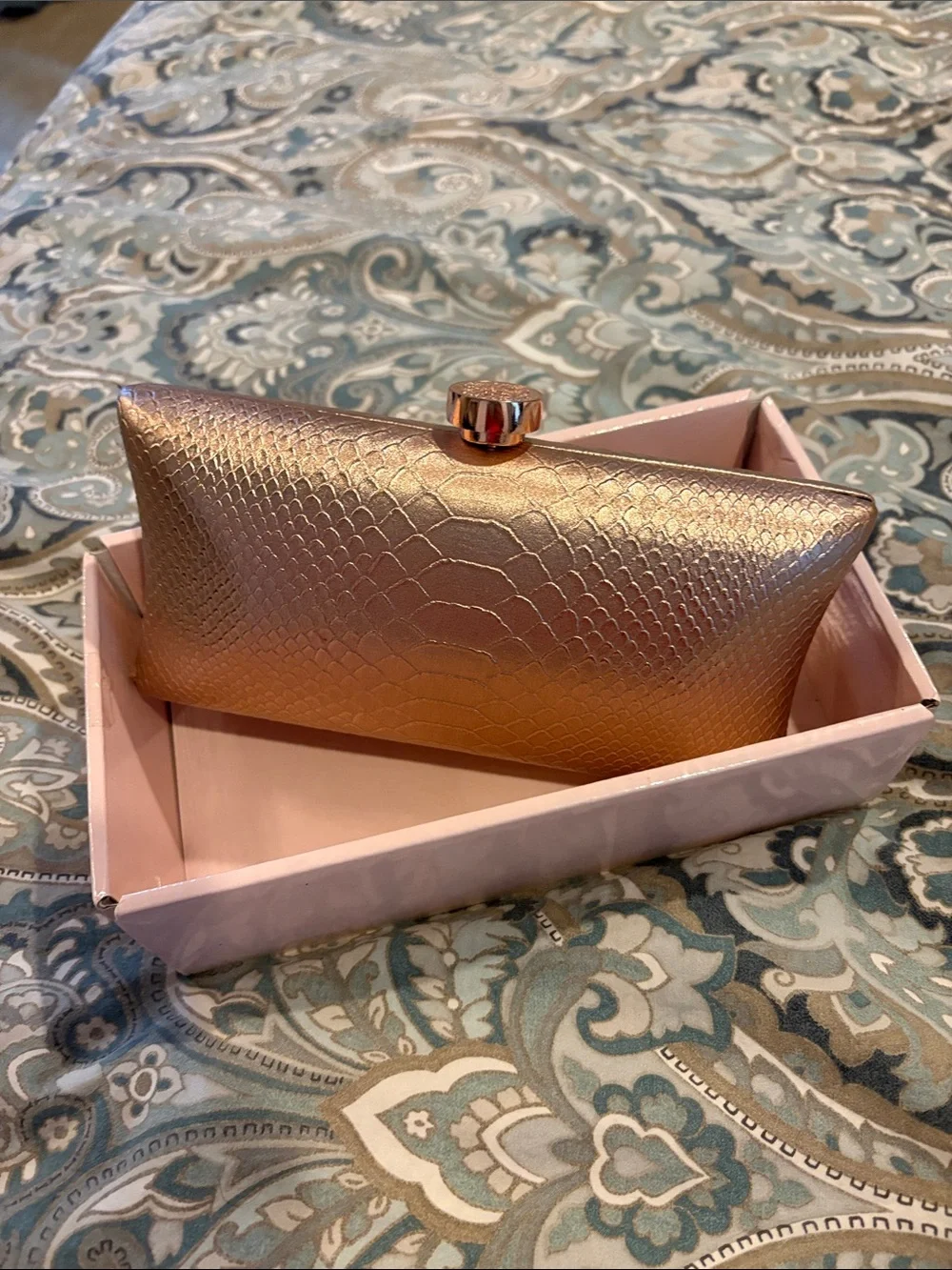 Vince Camuto Metallic Rose Gold Snake-Embossed Clutch